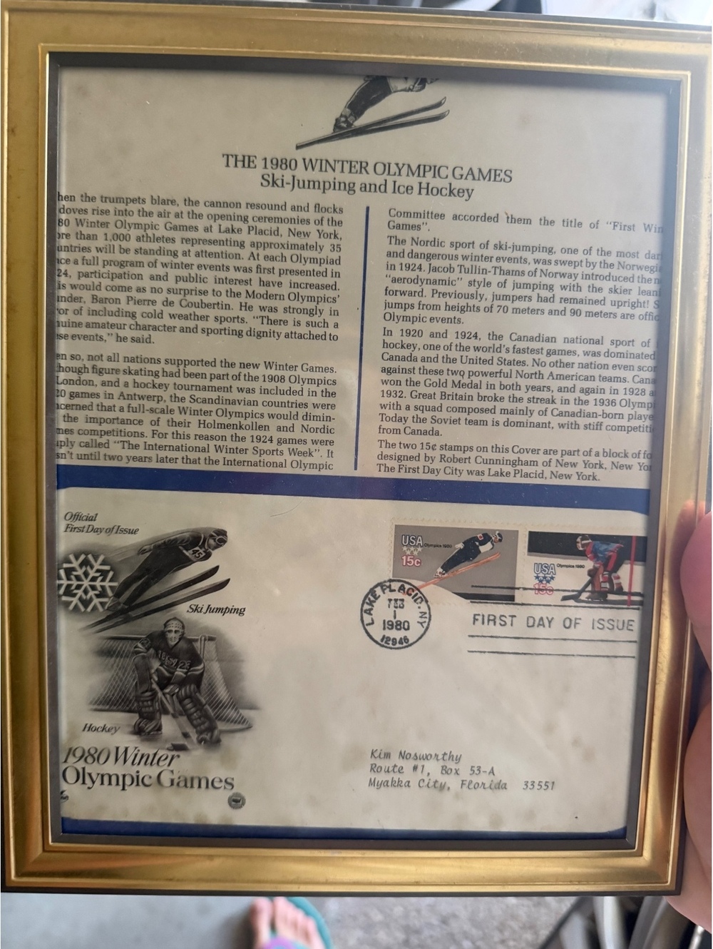 1980 Winter Olympic Games Ski-Jumping and Ice Hockey First Day of Issue Framed
